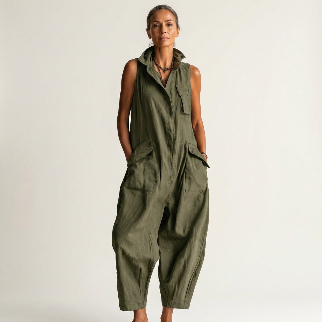 Lifestyle image of the black sleeveless jumpsuit styled with accessories for a warm evening out.