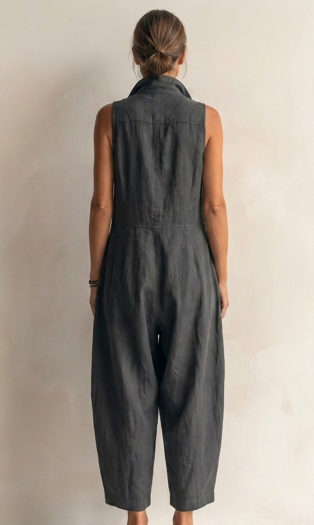 Rear view of the black sleeveless jumpsuit, emphasizing the clean lines and relaxed fit.