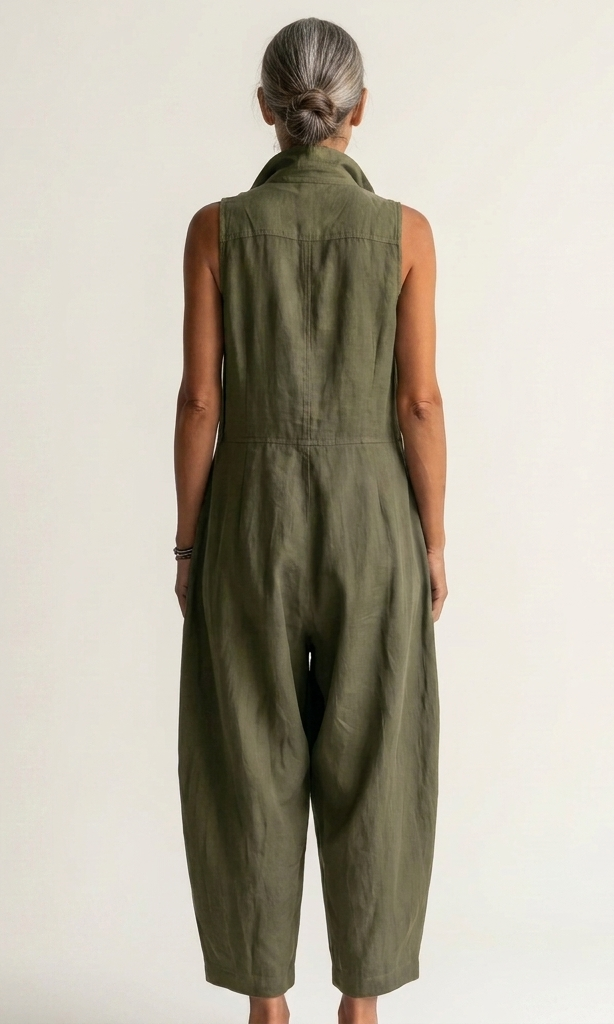 Full-length view of the khaki sleeveless jumpsuit, illustrating its versatile and effortless appeal.