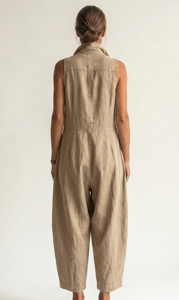 Detailed shot of the olive sleeveless jumpsuit's hip pocket and fabric texture.