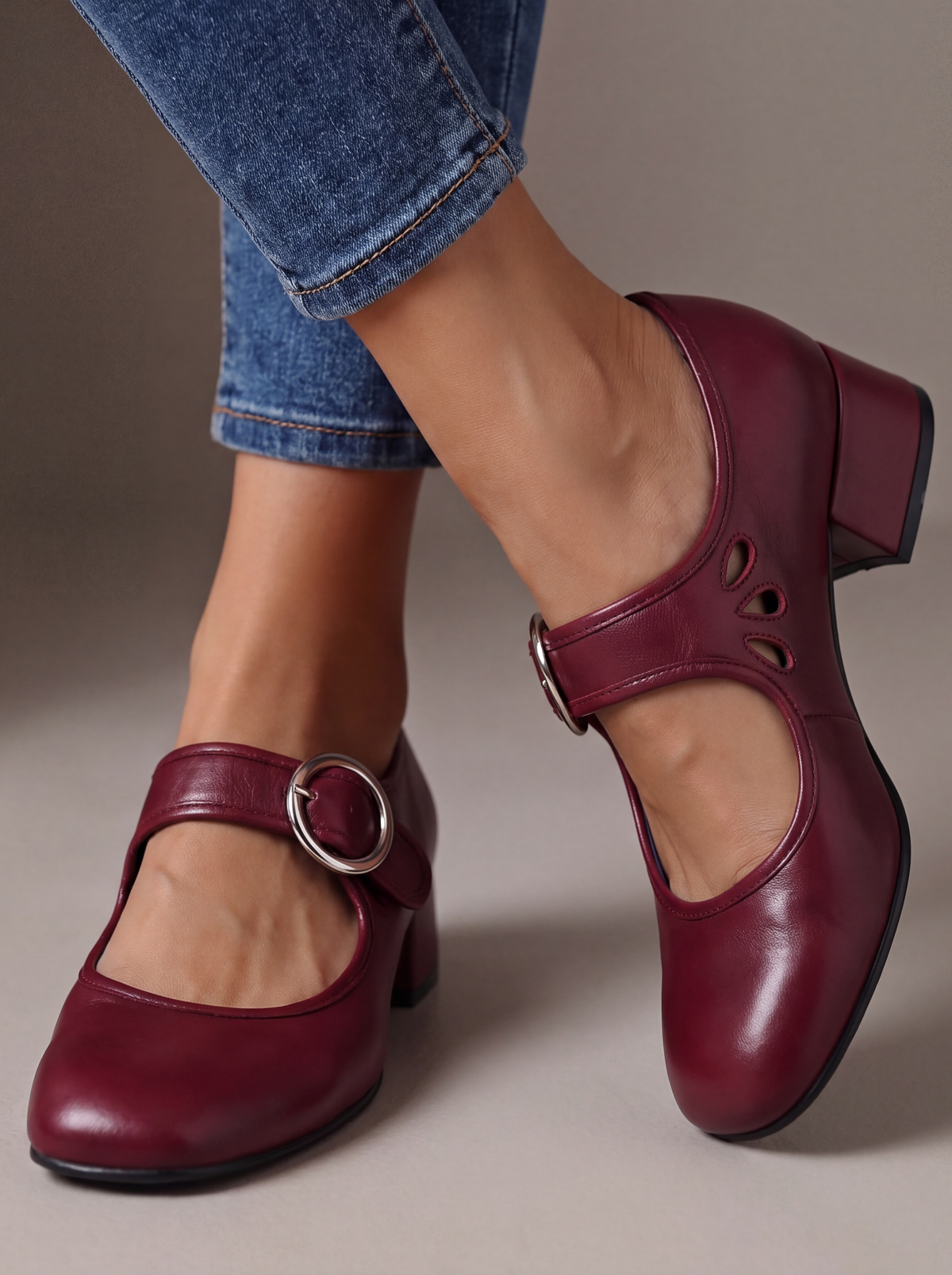 Close-up of the adjustable buckle strap and side cut-outs on a stylish burgundy Mary Jane shoe, highlighting comfort features.