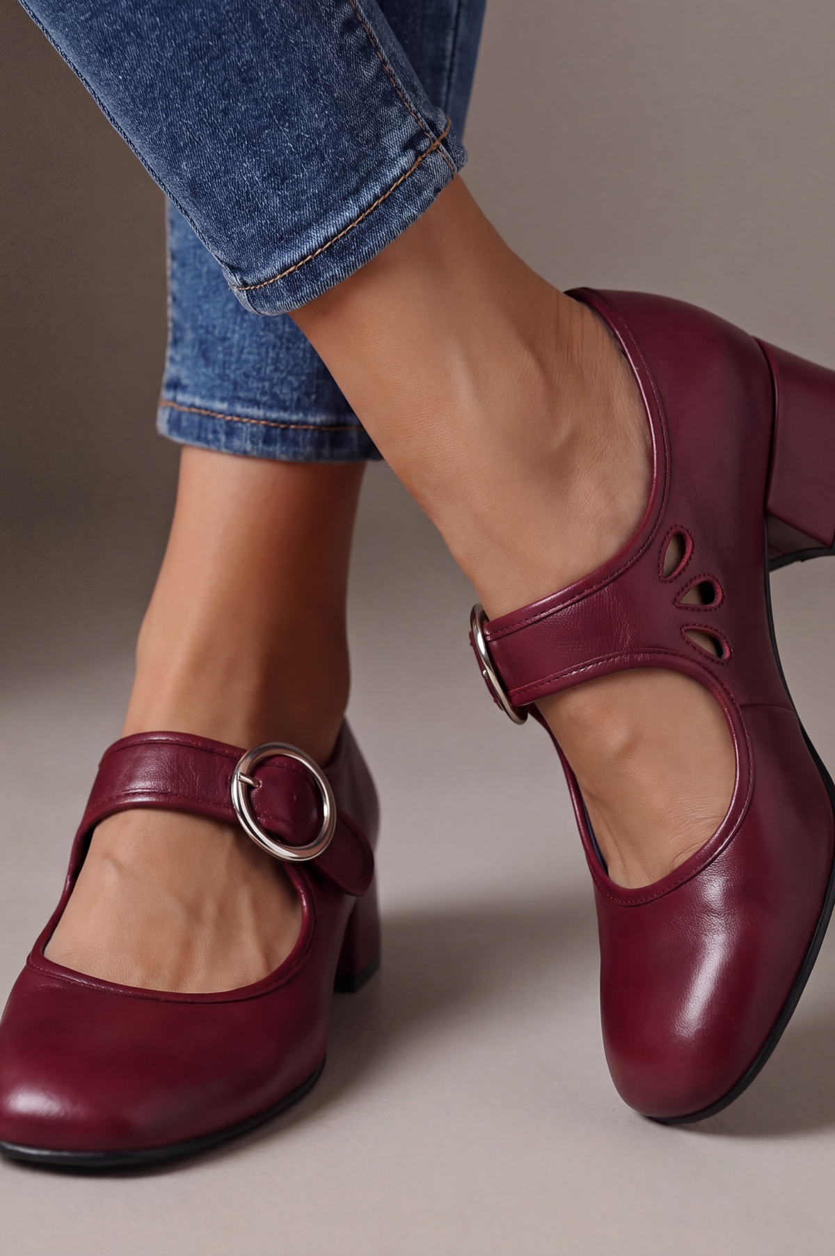 Close-up of the adjustable buckle strap and side cut-outs on a stylish burgundy Mary Jane shoe, highlighting comfort features.
