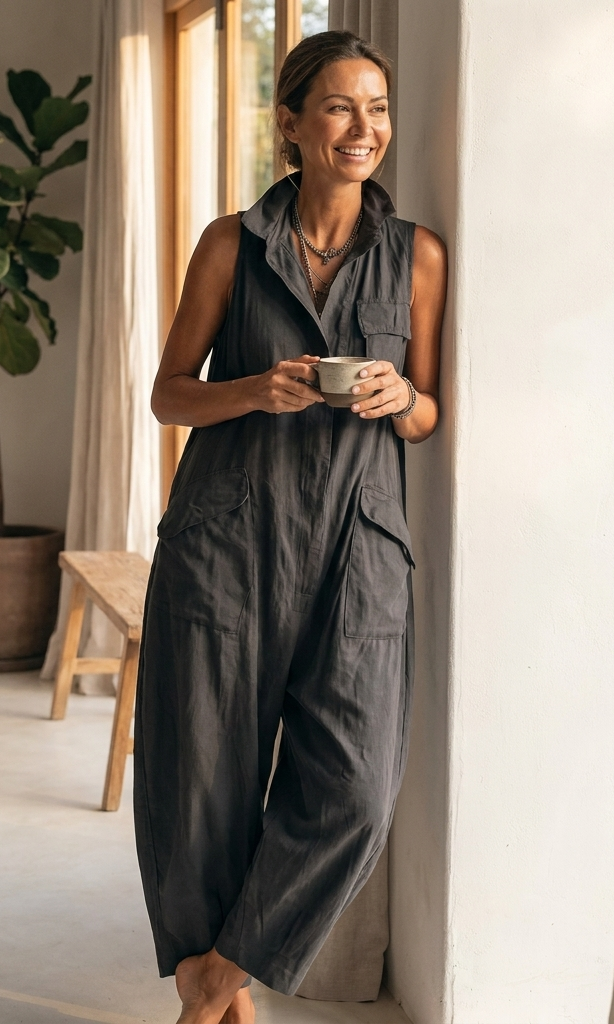 Side profile of the khaki sleeveless jumpsuit, highlighting the dropped crotch and rolled ankle cuff.