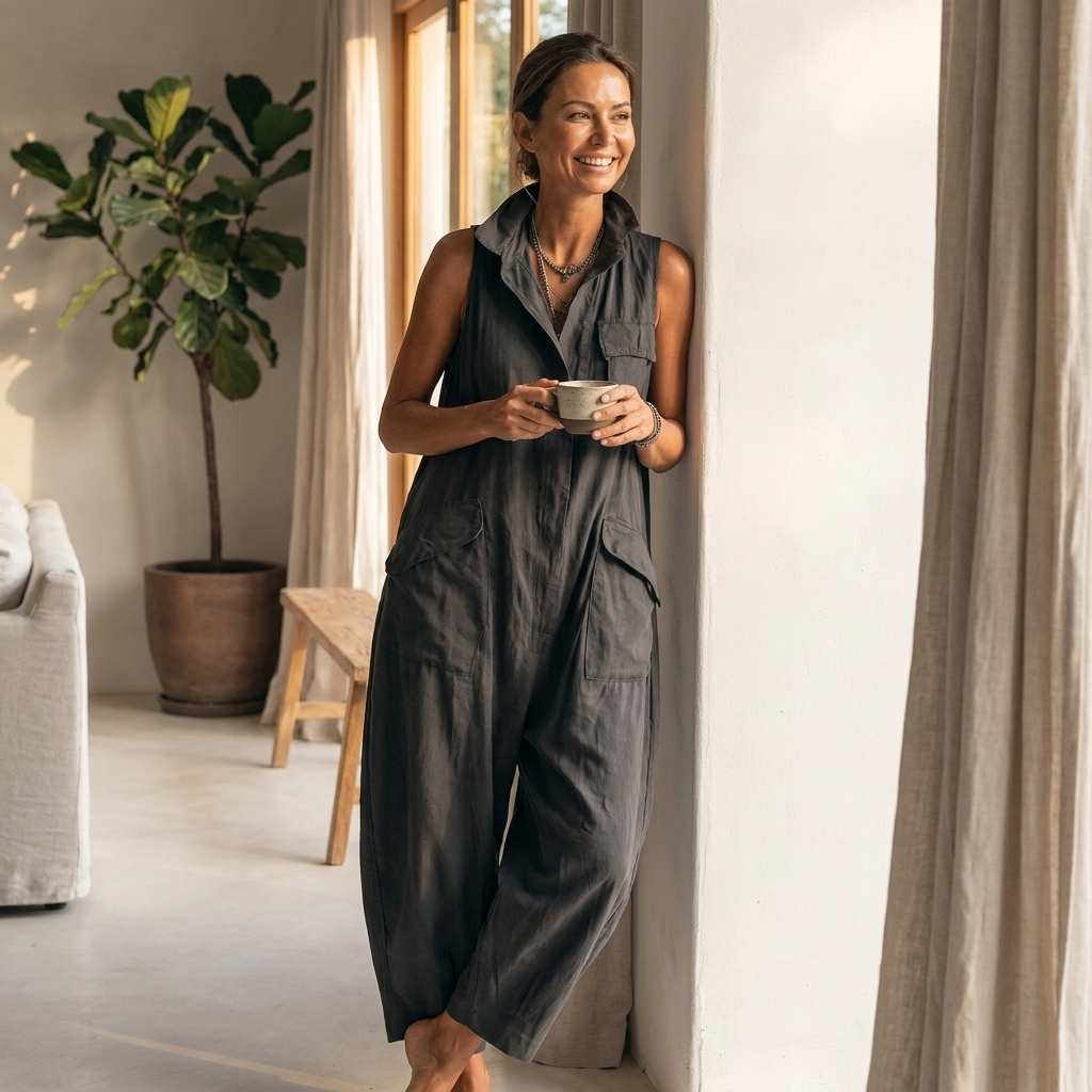 Side profile of the khaki sleeveless jumpsuit, highlighting the dropped crotch and rolled ankle cuff.