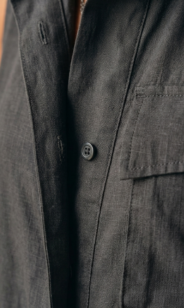Close-up detail of the olive sleeveless jumpsuit's partial button placket and chest pocket.