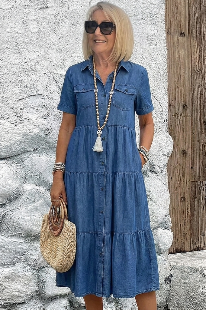 Lifestyle shot of a woman in the navy blue midi dress, demonstrating its effortless movement and versatile style.
