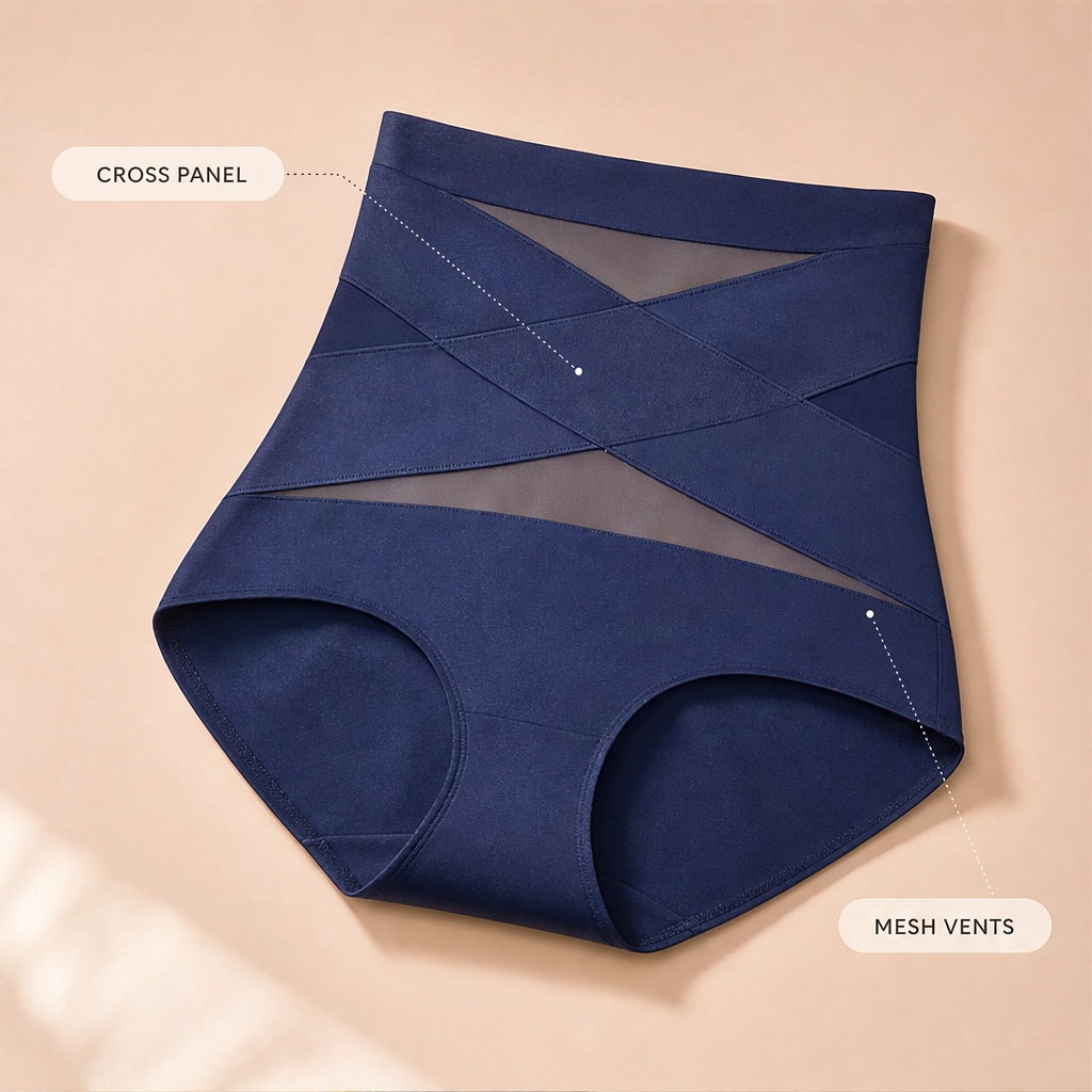 Flat lay of a single pair of nude shaping underwear, highlighting its seamless edges and construction.