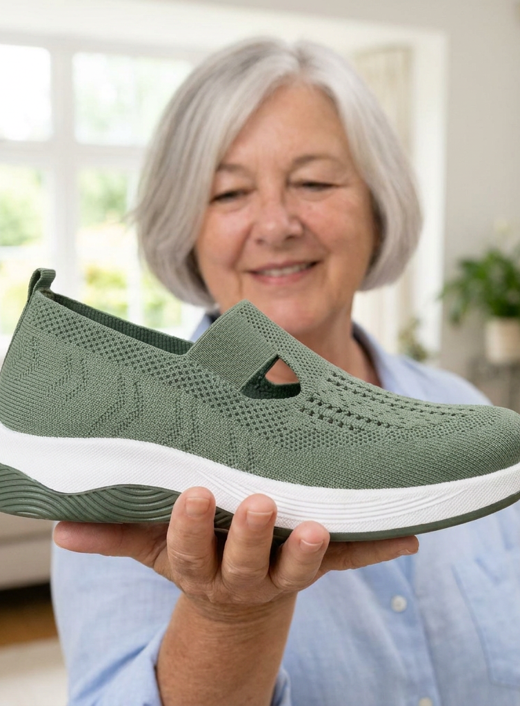 A woman holding the green Carry orthopaedic slip-on flat on her open hand