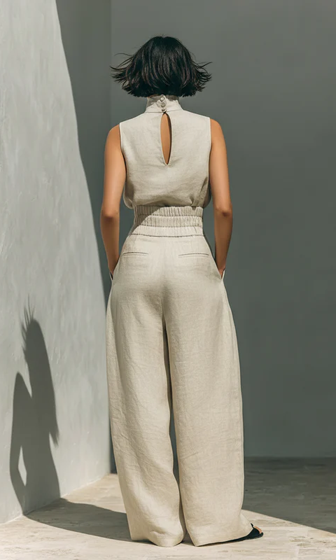 Lifestyle shot of a model wearing the light blue wide-leg trousers, demonstrating ease of movement.