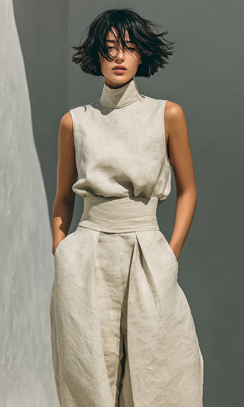 Side profile of women's wide-leg trousers, highlighting the relaxed silhouette and high fixed waistband.