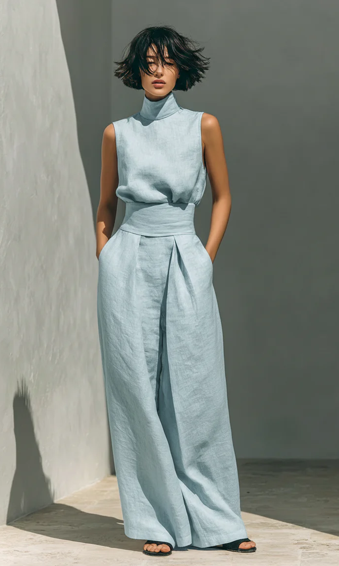 Model sitting comfortably in the beige wide-leg trousers, demonstrating flexibility and all-day wearability.