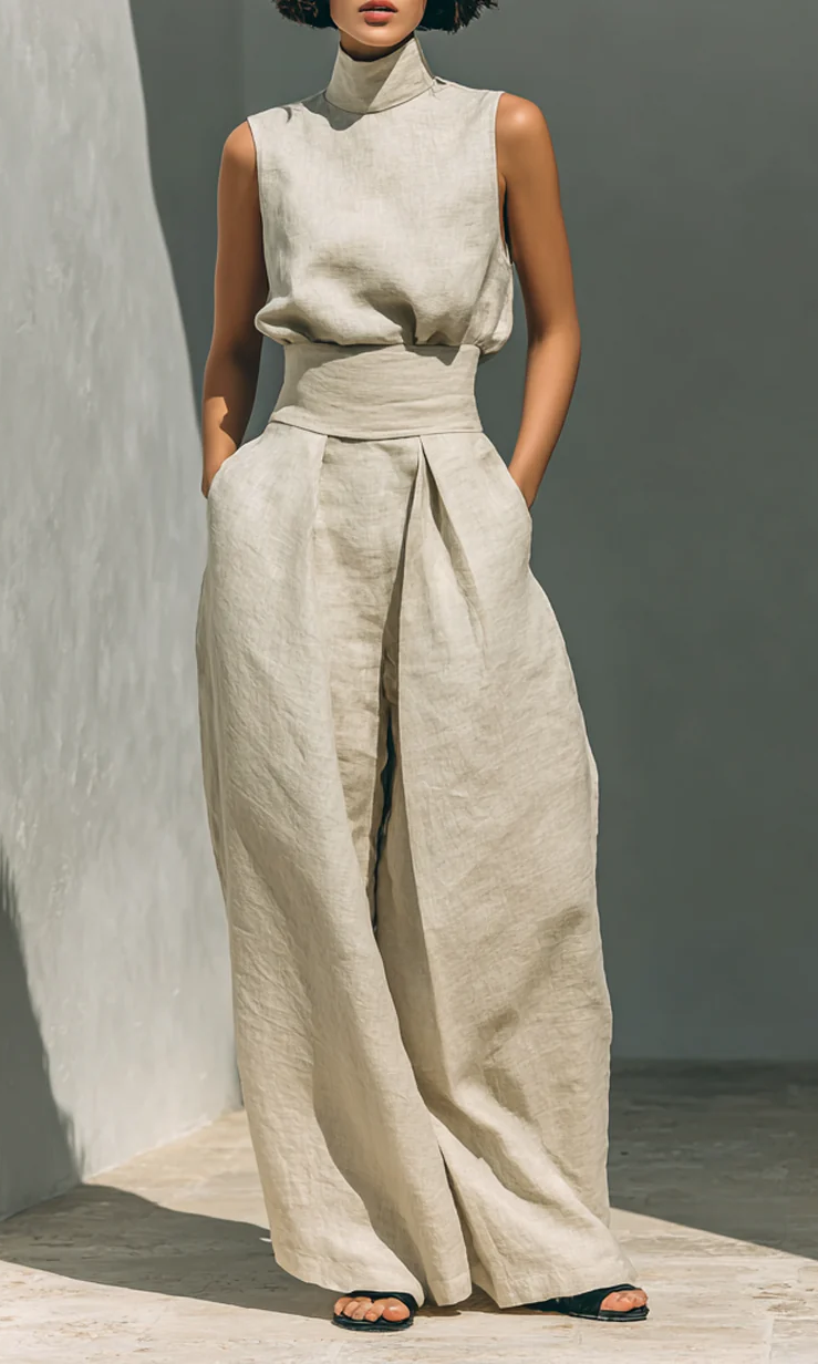 Close-up detail of the high fixed waistband and stylish front pleats on the cotton trousers.
