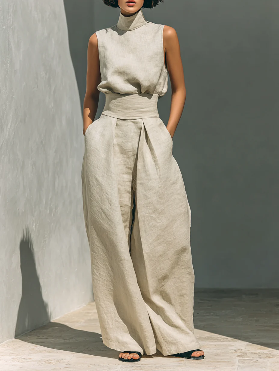 Close-up detail of the high fixed waistband and stylish front pleats on the cotton trousers.