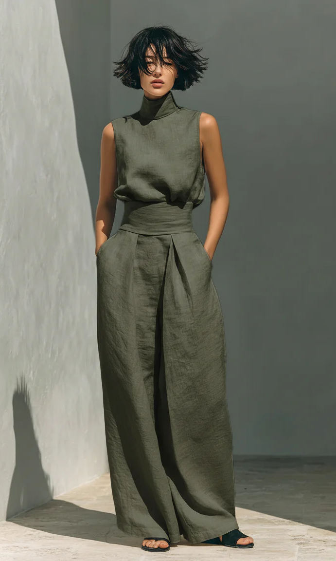 Professional studio shot of the blush pink wide-leg trousers, highlighting the breathable fabric texture.