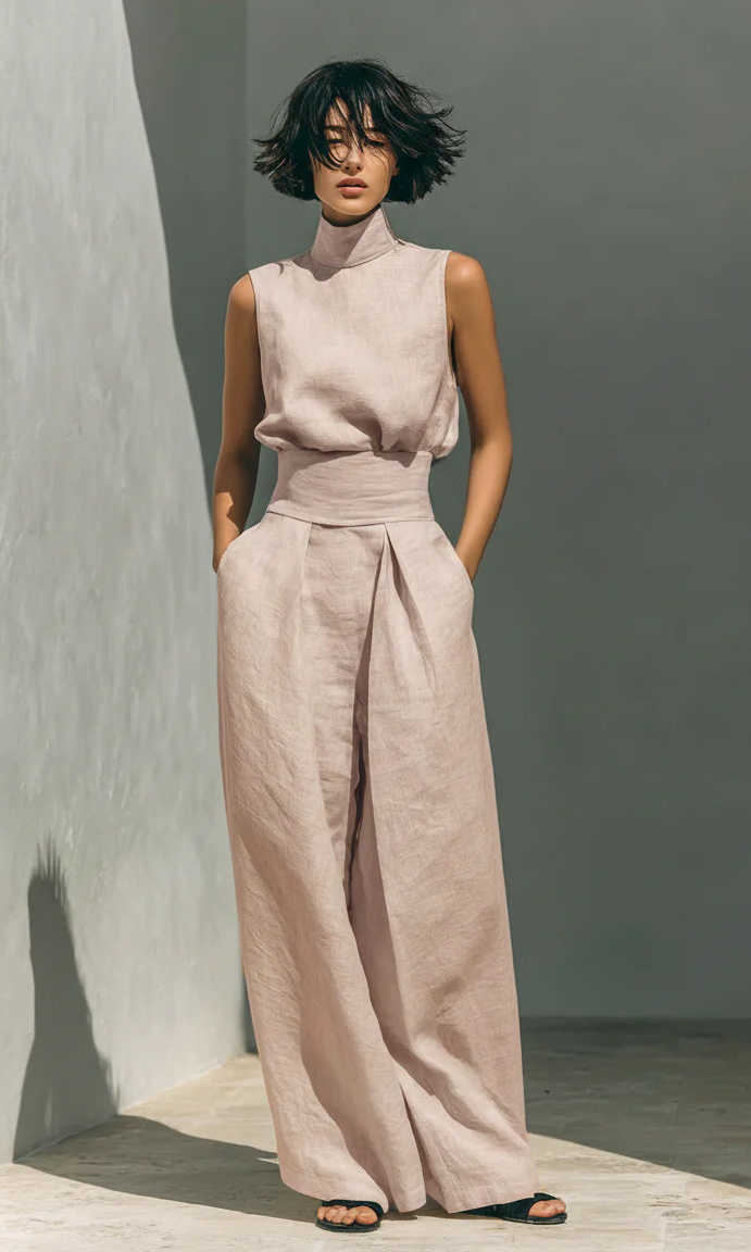 Stylish outfit featuring the wide-leg trousers paired with a complementary top for a cohesive and chic look.