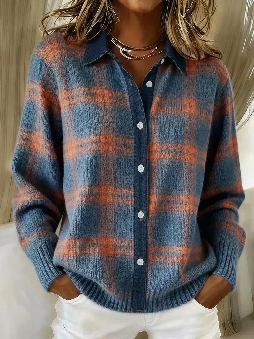 Front view of an Inez button-up cardigan in a vibrant orange shade, showcasing its relaxed drape.