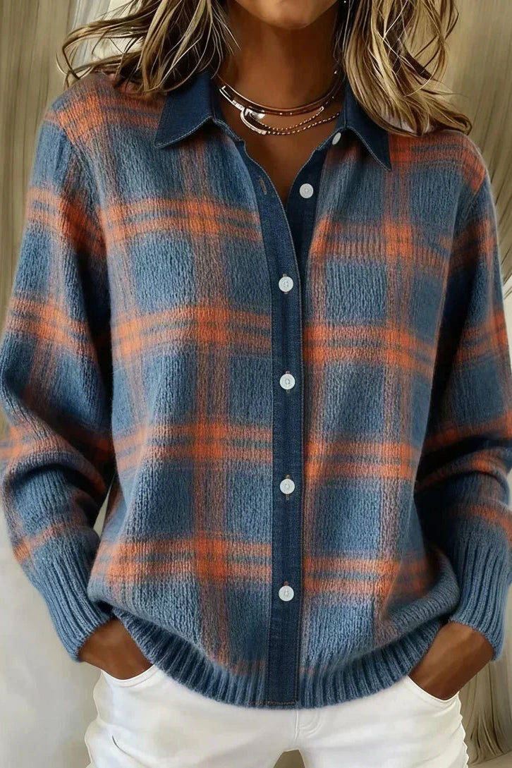 Front view of an Inez button-up cardigan in a vibrant orange shade, showcasing its relaxed drape.