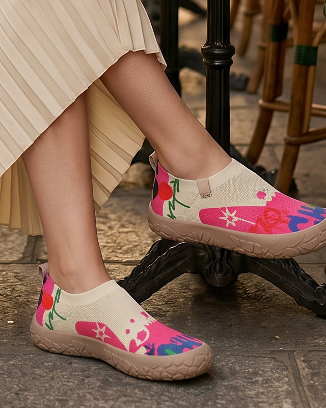 Inez artistic slip-on shoes in fuchsia floral print, front view on a clean background.