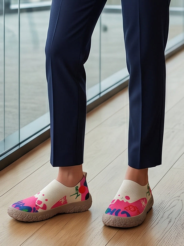 Side profile of the Inez artistic slip-on shoes, showcasing the vibrant pattern and sole design.