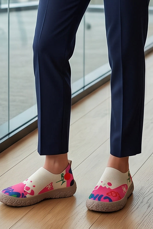 Side profile of the Inez artistic slip-on shoes, showcasing the vibrant pattern and sole design.