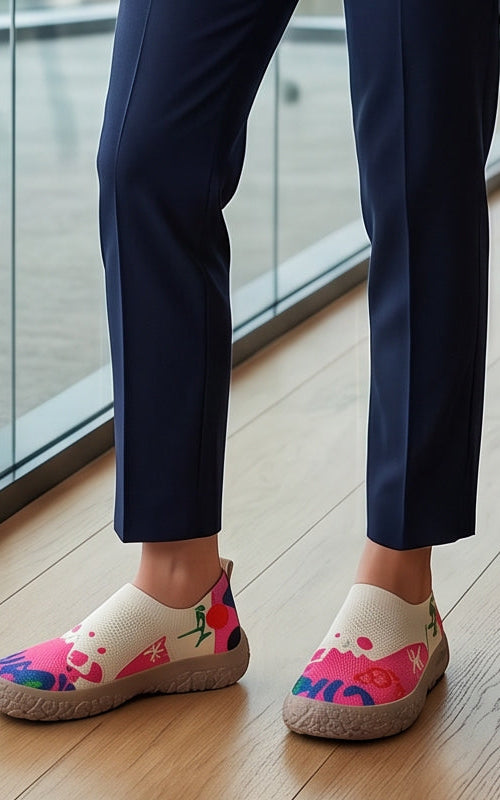 Side profile of the Inez artistic slip-on shoes, showcasing the vibrant pattern and sole design.