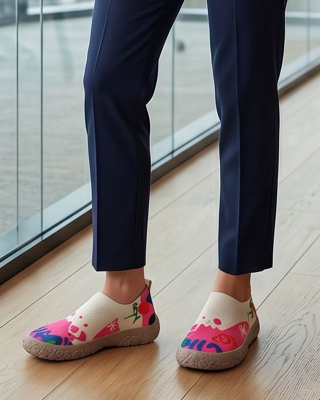 Side profile of the Inez artistic slip-on shoes, showcasing the vibrant pattern and sole design.