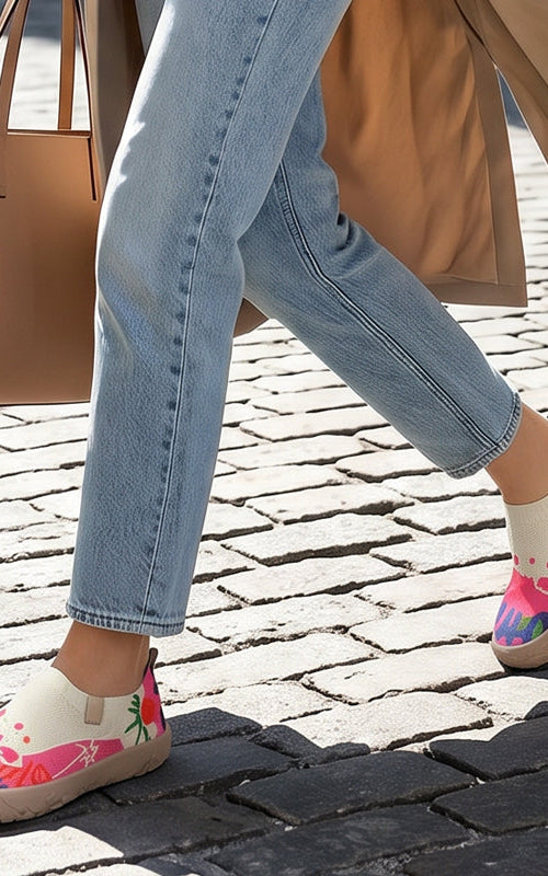 A person wearing the Inez artistic slip-on shoes, demonstrating their comfortable and casual fit.