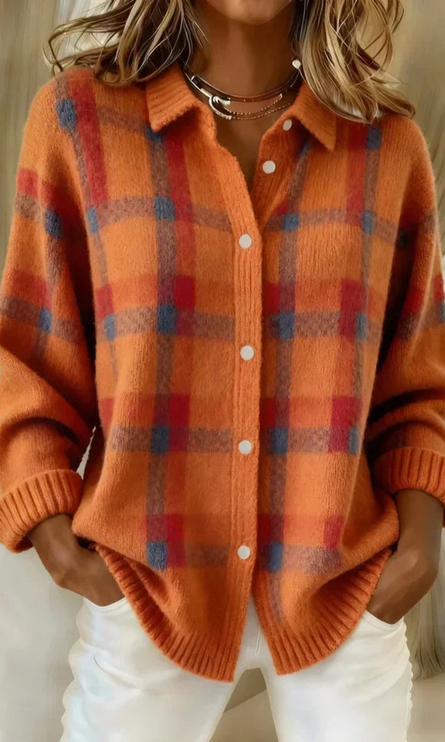 Back view of the Inez button-up cardigan in red, emphasizing its natural drape and overall silhouette.