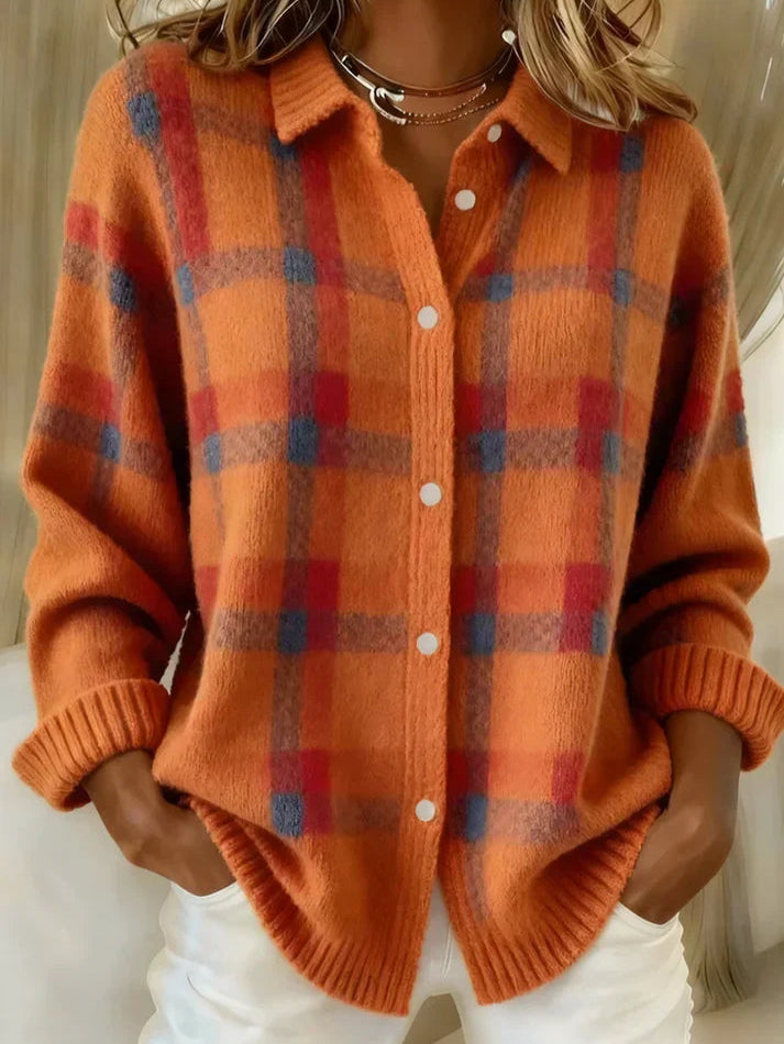 Back view of the Inez button-up cardigan in red, emphasizing its natural drape and overall silhouette.