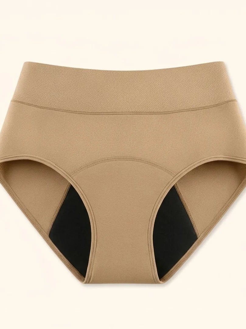 Front view of black Kaelin leak-proof underwear, showcasing its smooth, seamless design on a light background.
