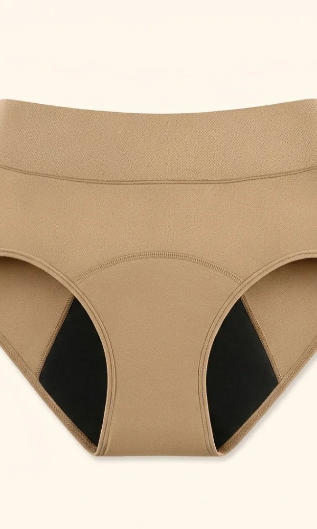 Front view of black Kaelin leak-proof underwear, showcasing its smooth, seamless design on a light background.
