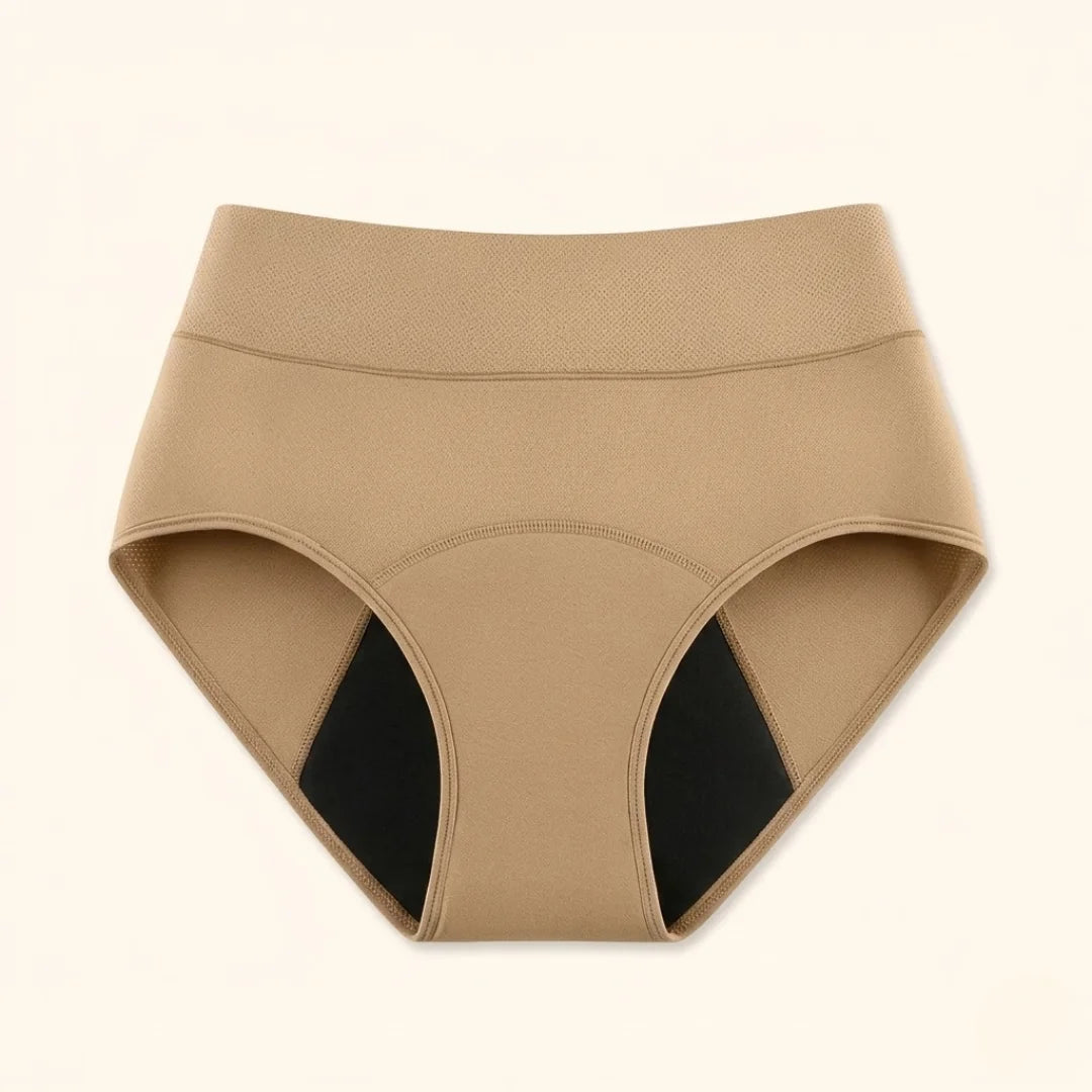 Front view of black Kaelin leak-proof underwear, showcasing its smooth, seamless design on a light background.