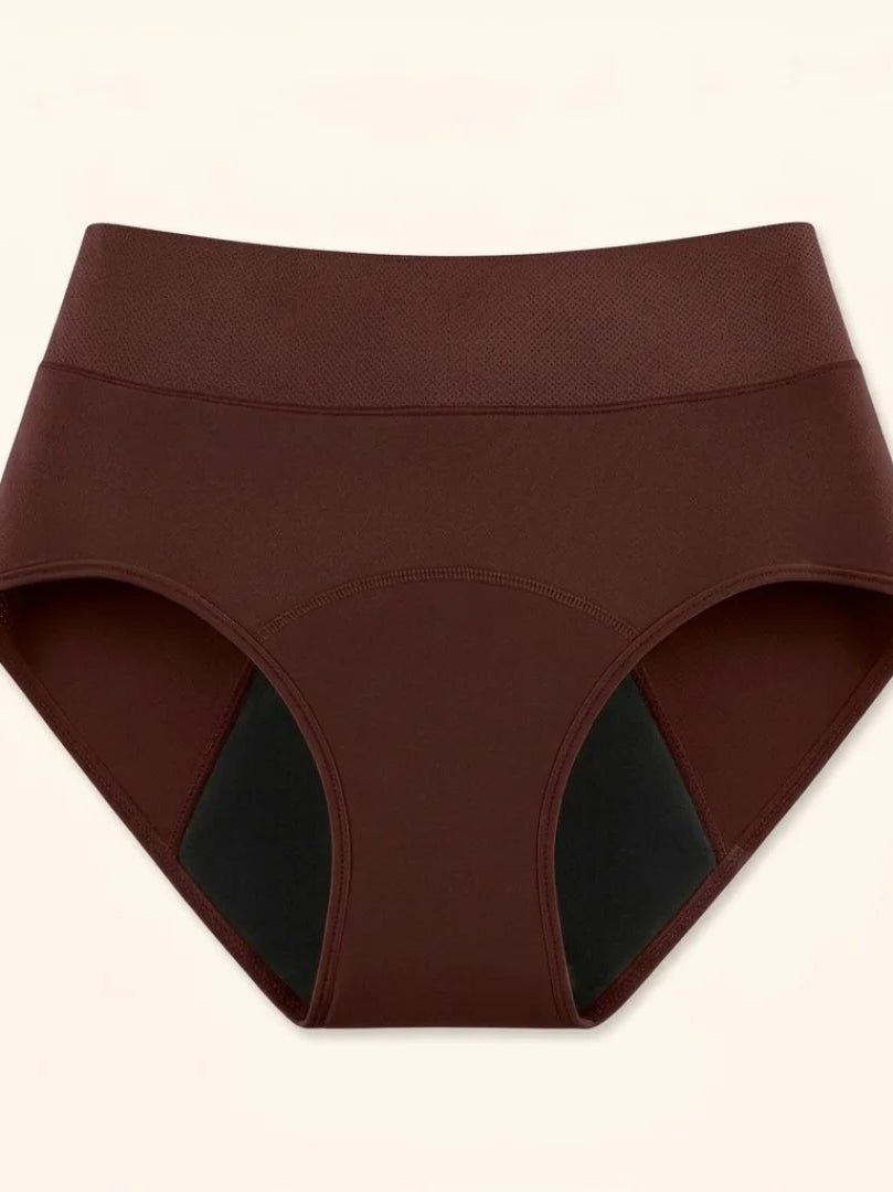 Side profile of a model wearing black Kaelin leak-proof underwear, demonstrating the comfortable and secure fit.