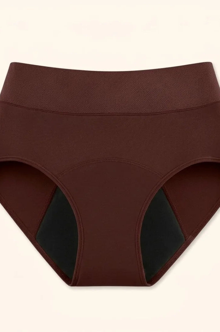 Side profile of a model wearing black Kaelin leak-proof underwear, demonstrating the comfortable and secure fit.