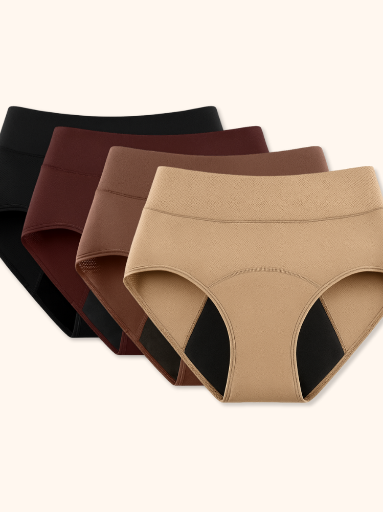 Stack of folded Kaelin leak-proof underwear in various colors: beige, black, brown, and dark brown, neatly arranged.
