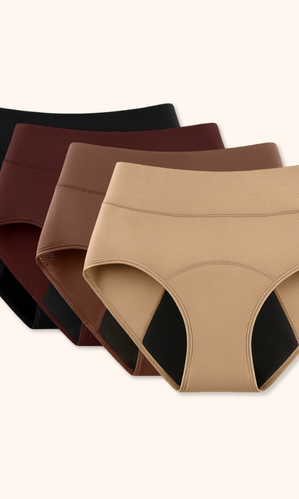 Stack of folded Kaelin leak-proof underwear in various colors: beige, black, brown, and dark brown, neatly arranged.