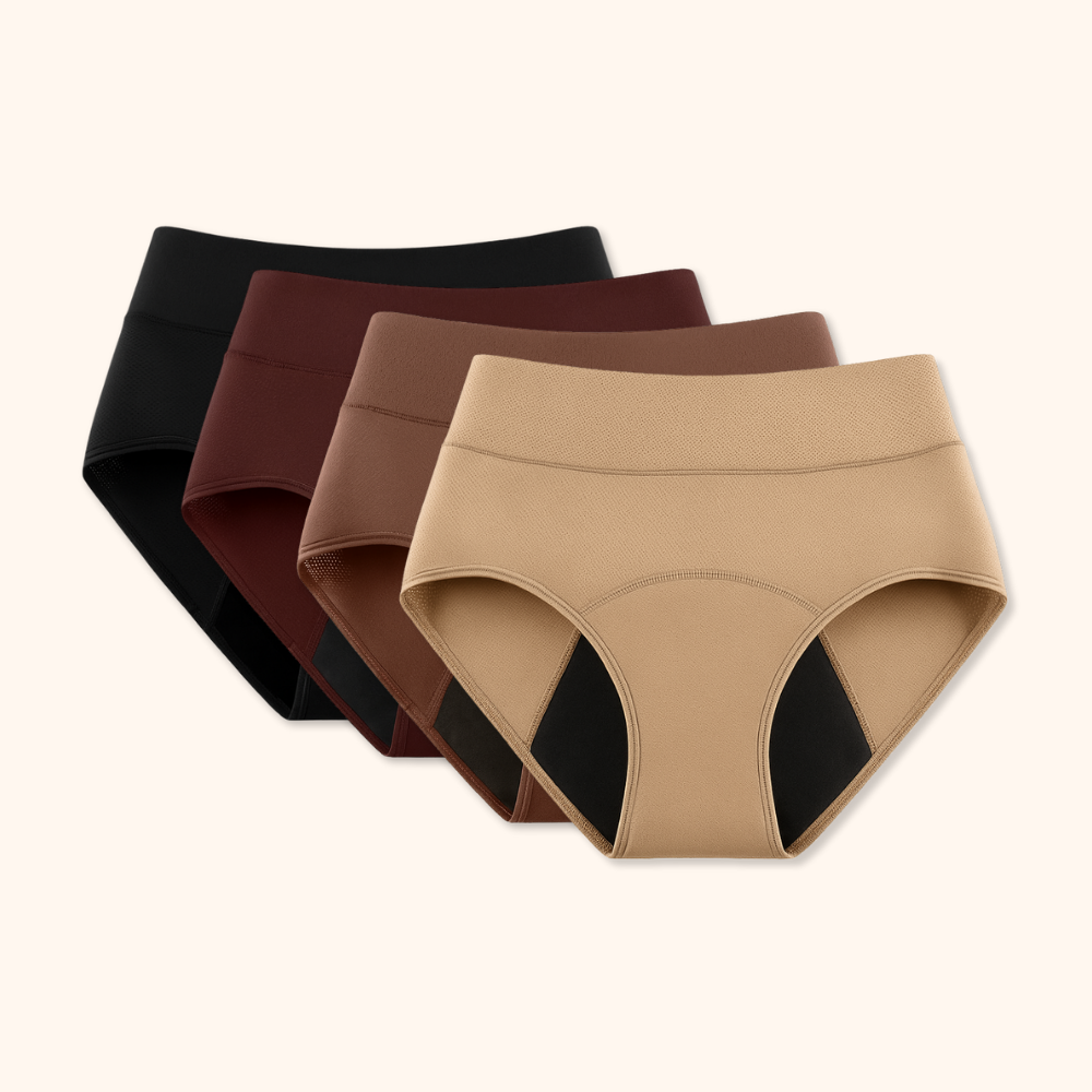 Stack of folded Kaelin leak-proof underwear in various colors: beige, black, brown, and dark brown, neatly arranged.