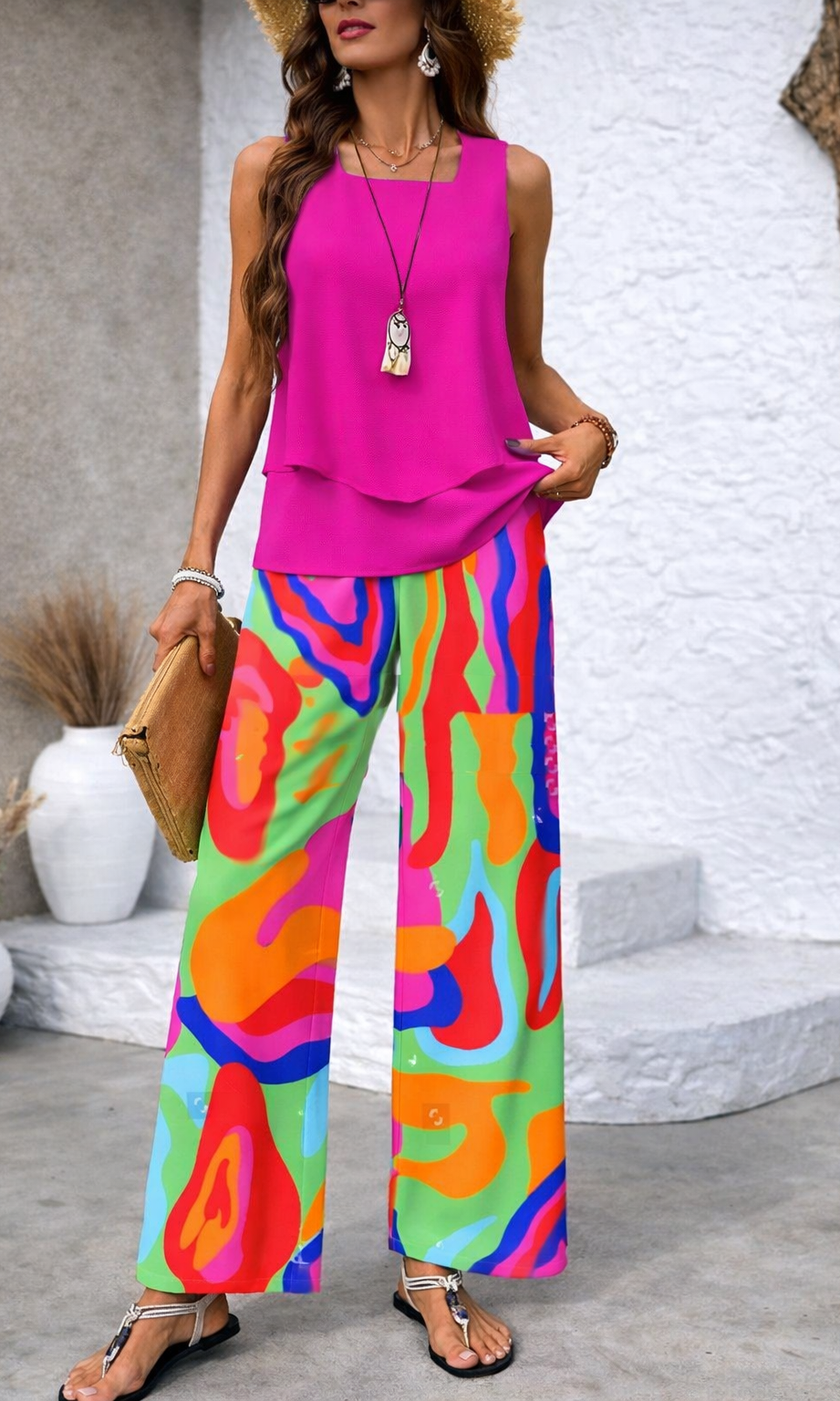 Kalia wide-leg pants featuring a vibrant abstract print, styled for a relaxed and comfortable silhouette.