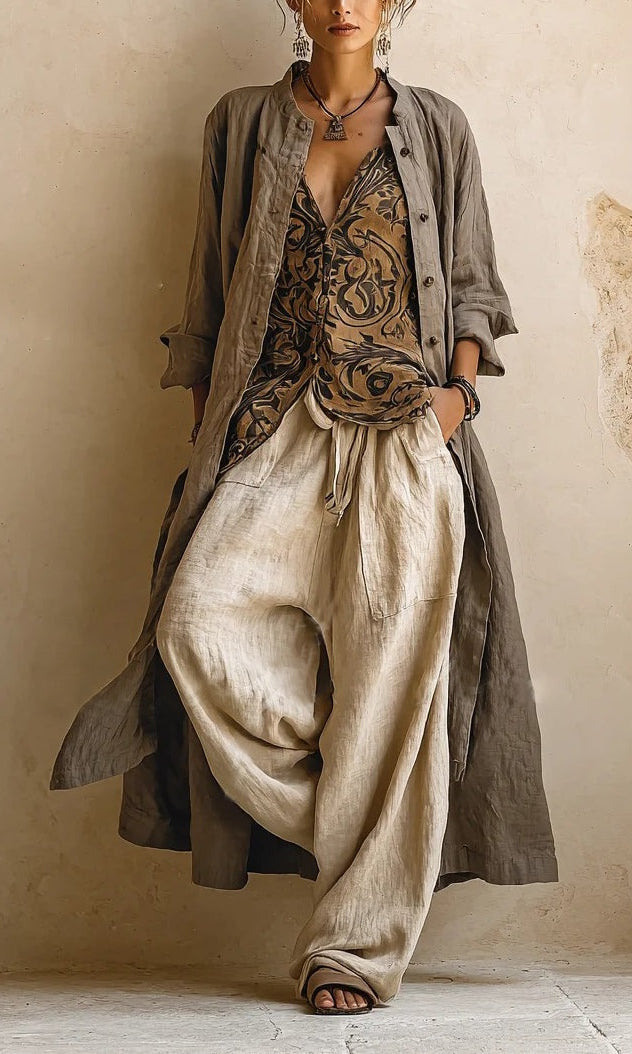 Front view of Kiera wide-leg pants in a natural fabric, showcasing their relaxed and comfortable fit.