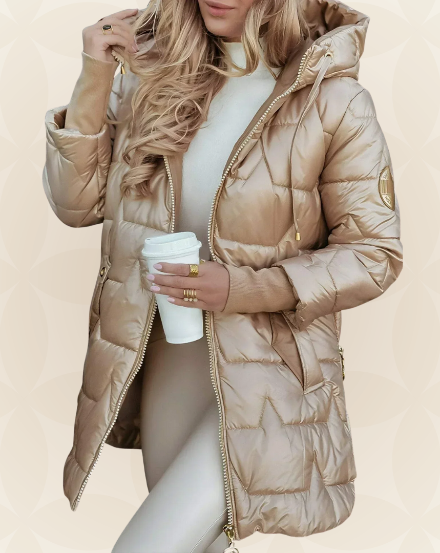 Front view of a beige Kiera hooded winter jacket with zipper and pockets.