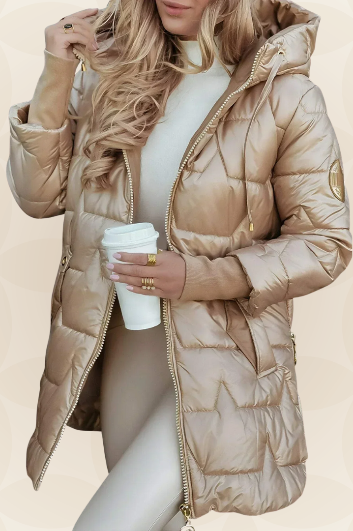 Front view of a beige Kiera hooded winter jacket with zipper and pockets.