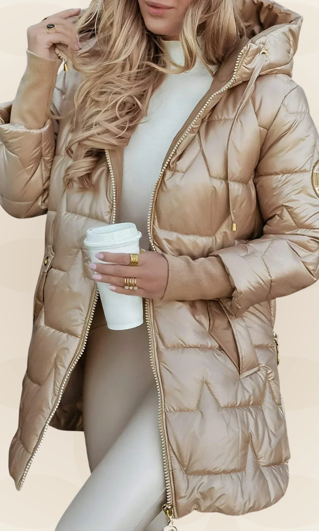 Front view of a beige Kiera hooded winter jacket with zipper and pockets.