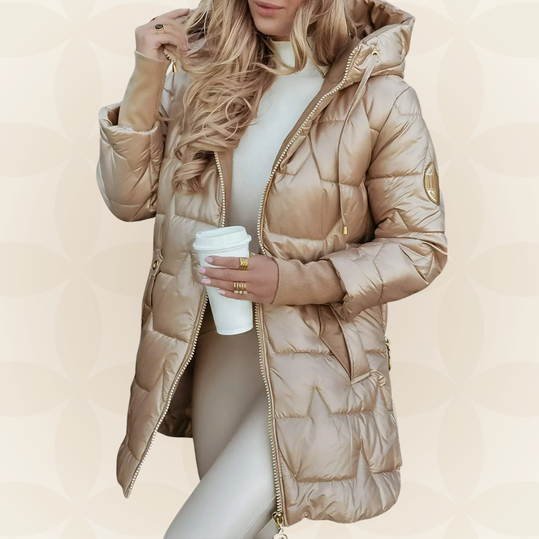 Front view of a beige Kiera hooded winter jacket with zipper and pockets.