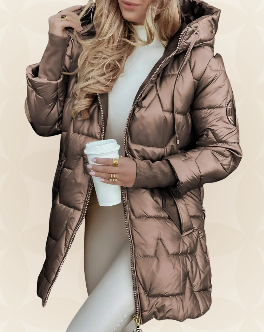 Side profile of a brown Kiera hooded winter jacket showing the padded texture.
