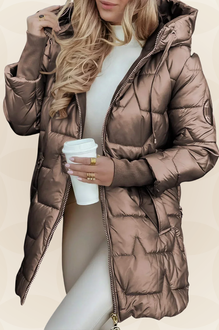 Side profile of a brown Kiera hooded winter jacket showing the padded texture.