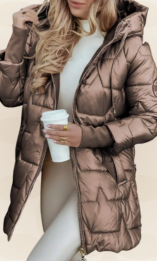 Side profile of a brown Kiera hooded winter jacket showing the padded texture.