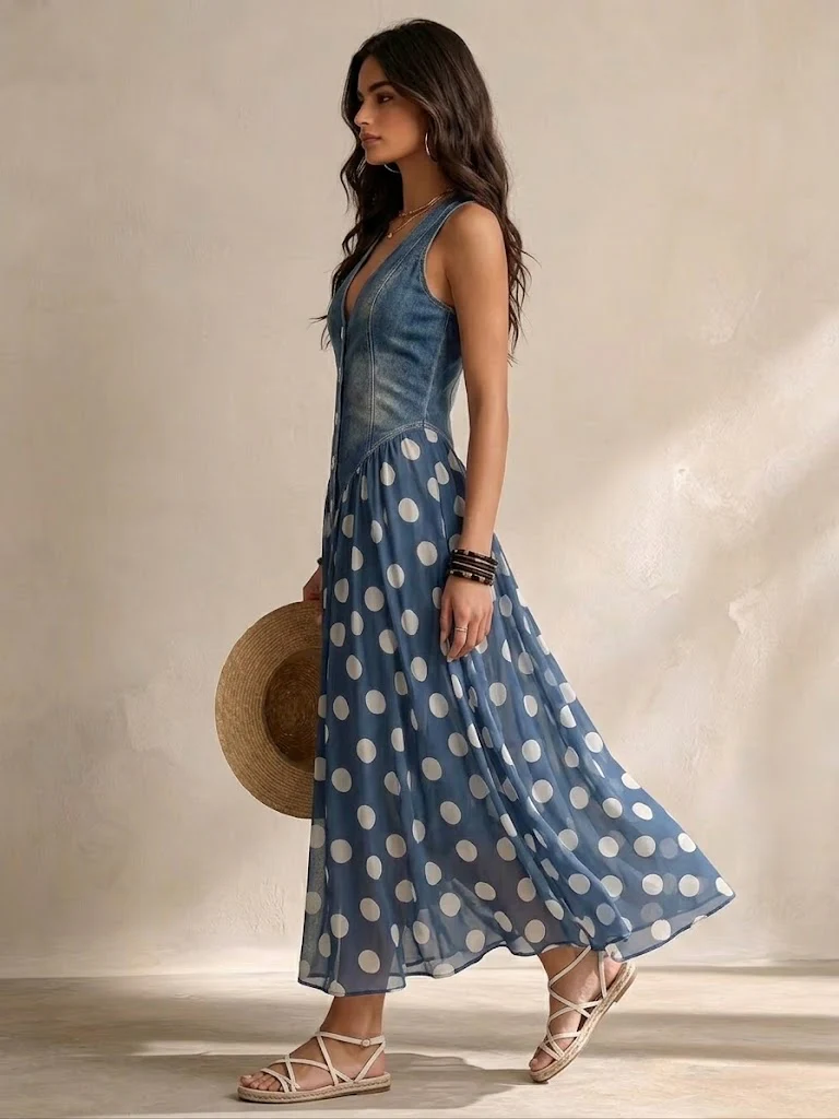 Detailed shot of the Kiera dress's denim bodice, highlighting the decorative front buttons and quality stitching.