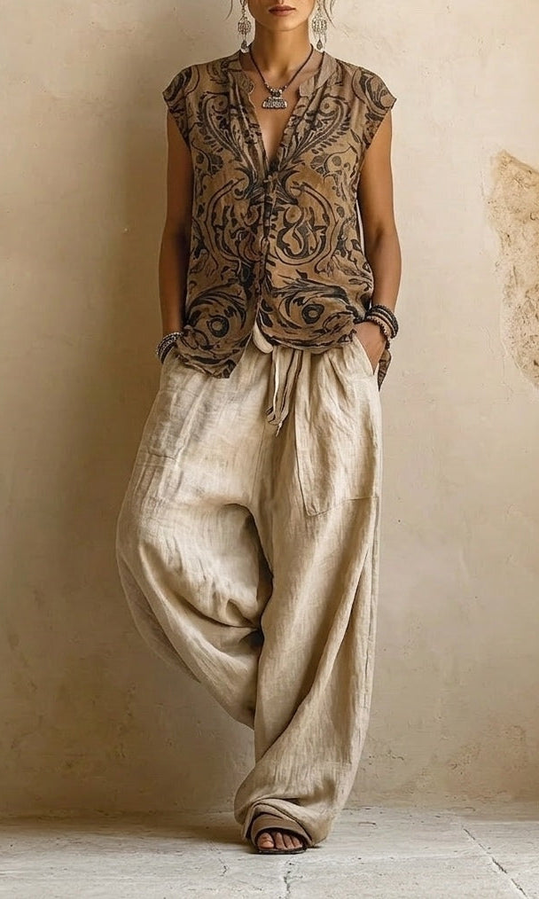 Detailed shot of the cotton-linen blend wide-leg pants fabric, highlighting its texture and breathability.