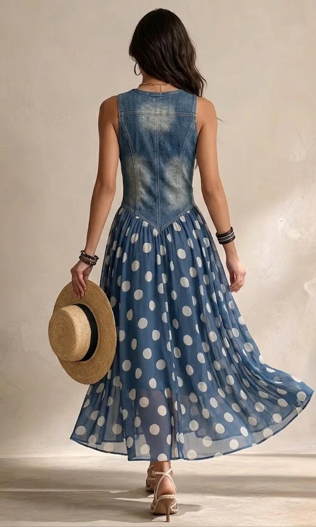 Side profile of a model wearing the elegant denim chiffon dress, demonstrating the skirt's graceful movement.