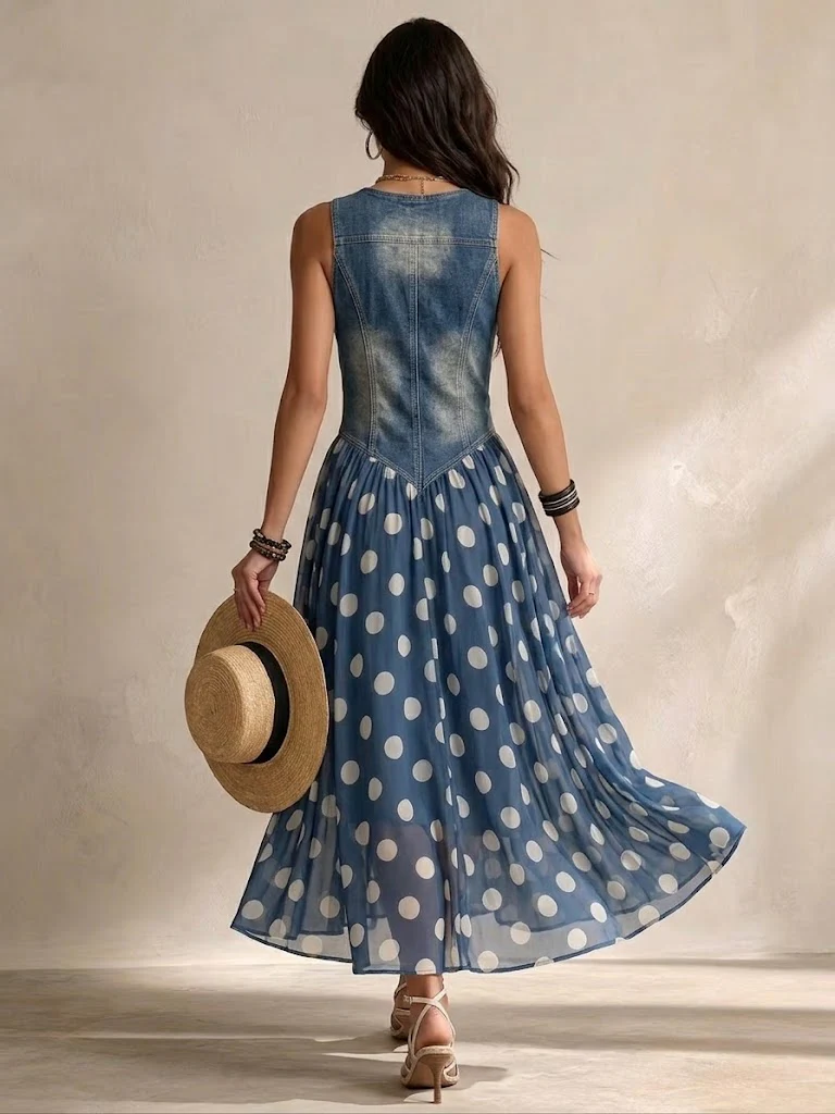 Side profile of a model wearing the elegant denim chiffon dress, demonstrating the skirt's graceful movement.